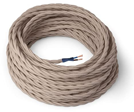 Amarcords - Cable de tela color TAUPE, trenzado, algodón, 5 metros, con 2 conductores 2x0,75 - Hilo eléctrico textil de color estilo clásico para lámparas bricolaje y iluminación vintage.