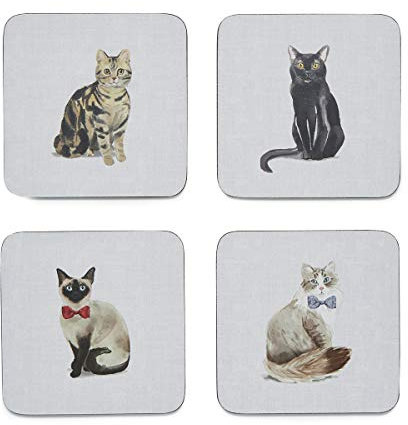 Cooksmart Pack of 4 Drink Coasters | British Designed Eco Cork Drinks Coasters For Modern Homes | Coasters For Drinks For All Types of Cups & Mugs - Curious Cats