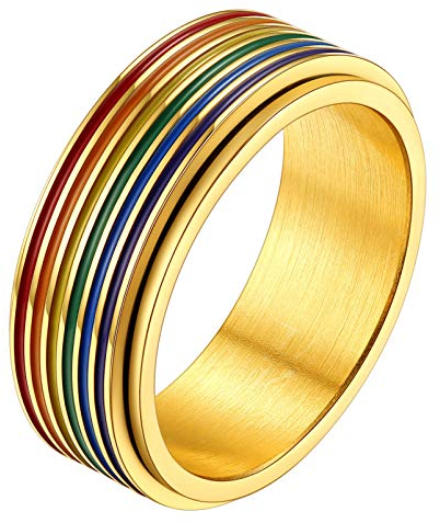 PROSTEEL Damen Stressabbau Band Ring 18k vergoldet LGBTQ Regenbogen Spinner Ring für Frauen Homosexuell drehbarer Fingerring Partnerring Ehering Größe 54