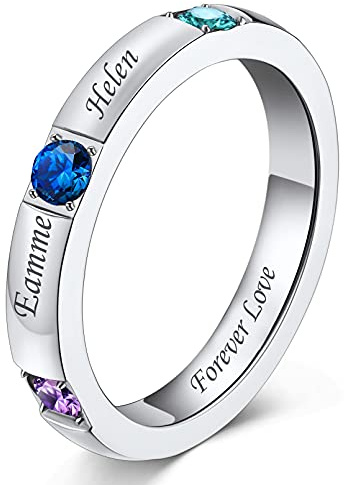 Custom4U Personalisierter Damen Ring mit Gravur Edelstahl 1/2/3 Geburtsstein Fingerring mit 1/2/3 Namen Silber/Gold Ehering Verlobungsring 3mm breit Ringgröße 49.3(15.75)-64.6(20.75)