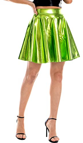 Petalum Damen Metallic Rock Basic Hohe Taille Röcke Sexy Glocken Minirock für Party, Halloween, Nachtclub