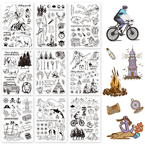 GLOBLELAND 9 Blatt Outdoor-Abenteuer Tiere Wald Stempel Clear Stamps Silikonstempel Transparentes Stempel Siegel für Kartenherstellung Dekoration und DIY Scrapbooking Album Dekor
