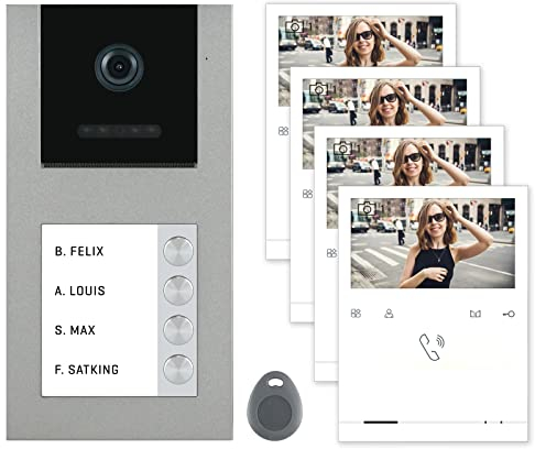 Balter EVO Video RFID Türsprechanlage Aufputz ✓ 4,3 Zoll Monitor ✓ 2-Draht Bus mit RFID ✓ Set für 4 Familienhaus Türklingel ✓ 120° Weitwinkel Kamera