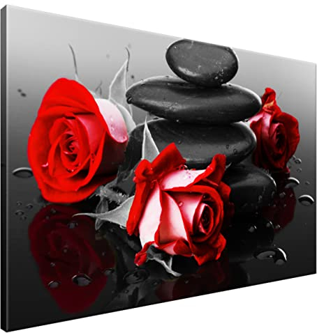 Estika Leinwand bilder - Rote Rosen auf Spa-Steinen - 120x80 cm, 1 teilige kunstdruck - Wandbilder wohnzimmer, schlafzimmer, Moderne wanddeko, Bild auf leinwand - Blumen bilder - 1400A_1B