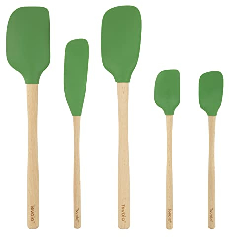 Tovolo Silicone Spatula with Wooden Handle Set of 5 Piece Silicone Kitchen Utensil Set Spoonula Jar Scraper Mini Spatula and Spoonula for Cooking Baking Mixing Folding Pesto Green