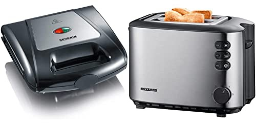 SEVERIN Sandwich-Toaster, 3-in-1 Funktion (Sandwich-, Grill-, Waffelplatte), 1.000 W, SA 2968, EDS-geb./ schwarz & Automatik-Toaster, Inkl. Brötchen-Röstaufsatz, 850 W, AT 2514, Edelstahl/Schwarz