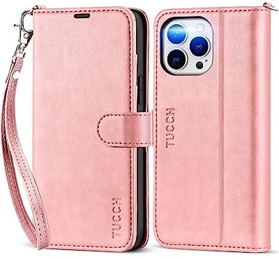 TUCCH Flip Case for iPhone 13 Pro Max (6.7) 2021 5G, PU Leather Wallet Case with Wrist Strap, RFID Blocking, Card Slot, Shockproof TPU, Viewing Stand, Magnetic Folio Cover for Women Men, Rose Gold