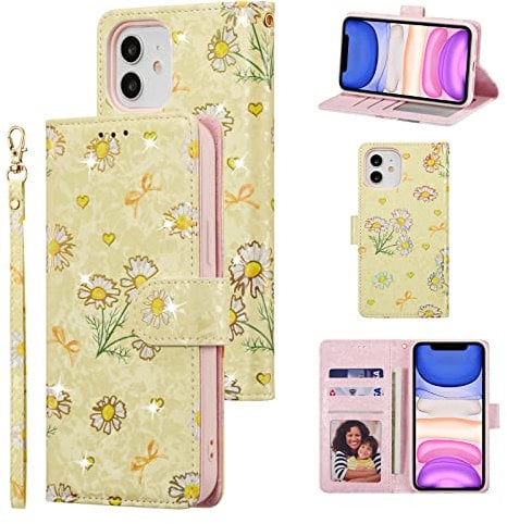 UEEBAI Wallet Case for iPhone 11, PU Leather Phone Case Kickstand RFID Blocking Flip Case with Card Slots Wrist Strap Relief Engraved Pattern Magnetic Closure Folio Case - Yellow Daisy