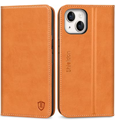 SHIELDON Hülle für iPhone 14 Schutzhülle [Erstklassig Rindsleder] [Schutz vor Stoß] [Kartenfach] [Magnetverschluss] [Stand] [RFID-Sperre],TPU Lederhülle Case Kompatibel mit iPhone 14 5G 6,1 - Braun