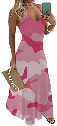 ORANDESIGNE Robe Longue Boho Chic sans Manches Robe de Plage Été Col V Robe Longue Boho Robe Longue Fluide Maxi Robe D Rose 44