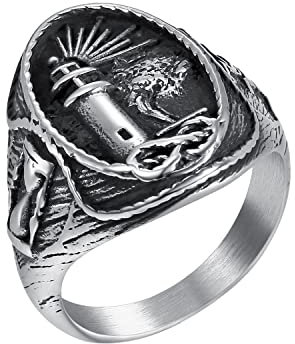 HIJONES Herren Edelstahl Leuchtturm Siegelring Nautisch Vintage Statement Ehering Silber Größe 65