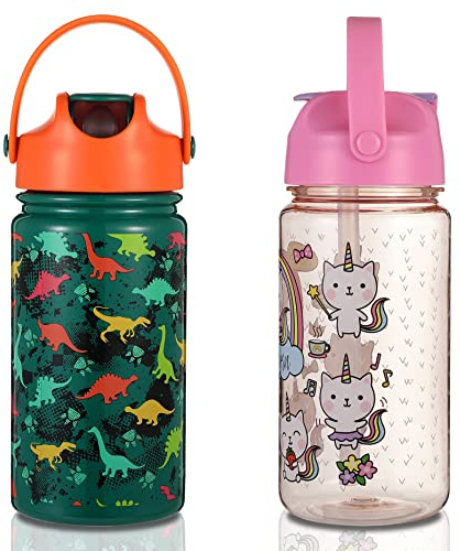 STOFIA 2 Pcs Gourde Enfant avec Paille Anti Fuite sans Bpa Tritan et Inox Bouteille Isotherme D'eau pour Bebe Garcon et Fille 450 500ml pour Ecole Sport et Voyage (Colour 2)