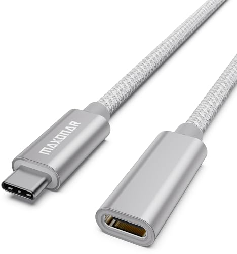 USB C Verlängerungskabel (1m) Maxonar USB3.2(10Gbit/s) Typ C Stecker-Buchse Verlängerung 5A Laden und Synchronisieren für MacBook Pro 2022 M2 Pro M1 Max Galaxy S23/S22/S21/Note20 Tab S9 Pixel 8 Silber