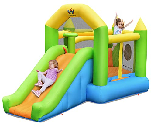 GOPLUS Ausblasbare Hüpfburg, Hüpfschloss mit Rutsche, Sprungbereich, Kletterwand, Basketballkorb & Zielspiel, Springburg von 3-10 Jahren für Drinnen & Draußen (Polygon, Ohne Gebläse)