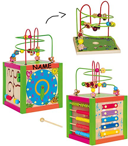 XL Motorikschleife + Spielwürfel aus Holz incl. Namen - Lernuhr + Zählrahmen + Schiebespiel + Xylophon + Schleife - Motorikwürfel/Tier Holzfigur zum Schiebe..