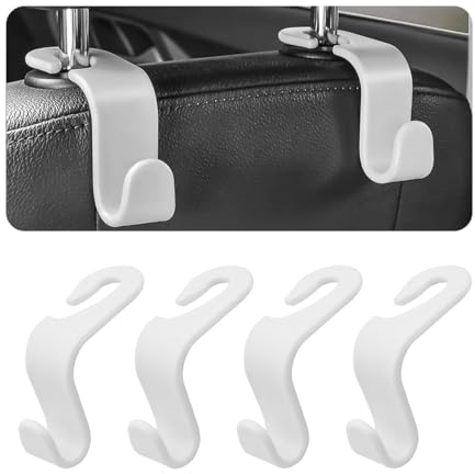 CGEAMDY Crochet pour Siège de Voiture, 4 Pièces Crochets Appuie Tete Voiture, Accesoire Voiture Intérieur pour Appuis-tête, sacs à Main, Porte-Monnaie, sacs à Provisions, Bouteilles d'eau (Blanc)