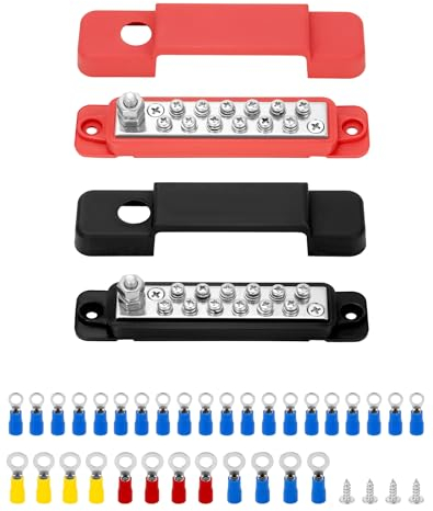 QWORK® 180A 12-48V Sammelschiene - 6mm Klemmenbolzen - mit 32 Kabelschuhen - für Hochleistungsmodule für Auto RV Yacht Boat (Rot, Schwarz)