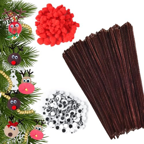 450 Stück Braune Pfeifenreiniger Set, Pfeifenputzer Set, Weihnachten Pfeifenreiniger Chenilledraht Set Mit Rote Pom Poms,Selbstklebend Bastelaugen,Pfeifenreiniger Braun zum Basteln