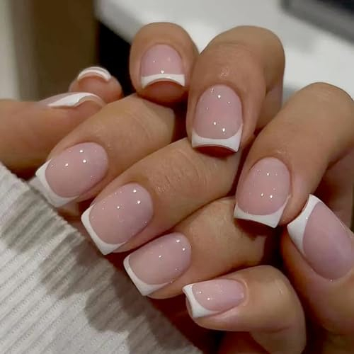 Ceboic 24 Stück Press on Nails Kurz, Nude Rosa Künstliche Nägel French Kunstnägel mit Weiß Rand Design, Eckig Wiederverwendbar Falsche Nägel Acryl Fingernägel zum Aufkleben für Frauen und Mädchen
