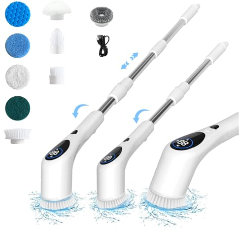ZEYXINH Brosse Nettoyage électrique, Brosse de Nettoyage électrique sans Fil avec 9 têtes de Brosse remplaçables, Poignée Réglable de 135cm, 3 Vitesses de Rotation pour Salle de Bain,Cuisine,Voiture