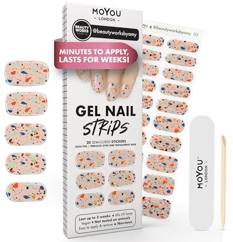 MOYOU LONDON Semi Cured Gel Nail Strips - 20 Pcs. Waterproof Gel Nail Wraps, Cures in Sunlight or UV/LED Lamp, Lasts Up to 2+ Weeks, Stretchable, Easy to Apply & Remove, Vegan & Cruelty-Free