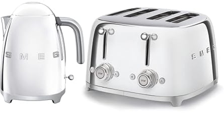 Smeg 50’s Style Retro Range Breakfast Set, 1.7L 3000W Kettle and Multi-Functional Control 4-Slice 2000W Toaster, Polished Stainless Steel, KLF03SSUK/ TSF03SSUK