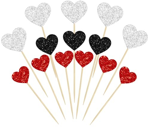 Gyufise 30Pcs Heart Cupcake Toppers Glitter Sweet Love Cupcake Picks Valentine's Day Cake Decorations for Wedding Engagement Bridal Shower Birthday Party Cake Decorations Supplies Black Red Silver