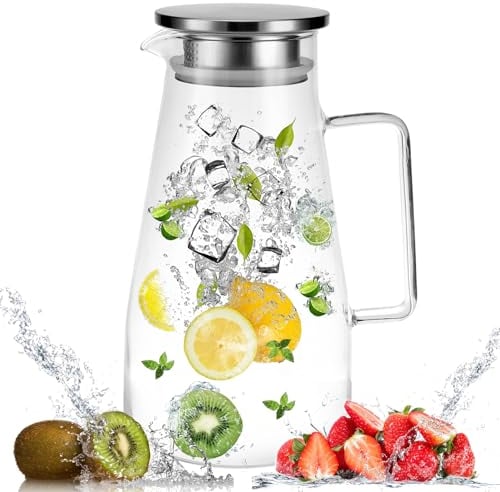 Caraffa in Vetro 1.8L, Caraffa Vetro con Acciaio inossidabile Coperchio, Trasparente e Resistente Brocca Acqua Vetro, Caraffa Refrigerante per il tè Freddo, Caffè, Latte, Succo, Acqua Calda, Fredda