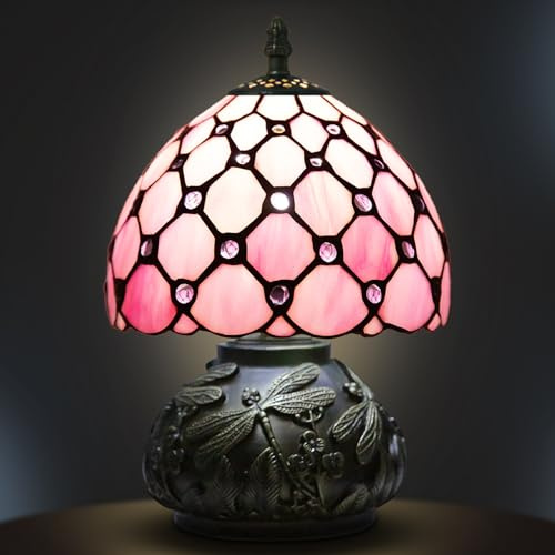Ppbmocw Small Tiffany Lamp,Stained Glass Table Lamp for Living Room,Bedside,Reading,8 Inch Vintage Mini Mushroom Desk Light Included 3 Color Temperatures E27 Bulb (Pink)