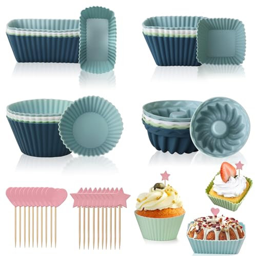 16Pcs Mini Silicone Cupcake Cases Set, Reusable Nonstick Silicone Muffin Cases, Shapes Cake Moulds for Air Fryer, Muffin Liners Pastry Cake Molds with 20Pcs Cake Toppers for DIY, Jelly, Pudding
