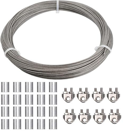 50m Stainless Steel Rope 2mm, PVC Coated Suspension Wire with 8 Rope Clips, 20 Aluminum Sleeve, Hanging Wire Heavy Duty 7x7, Flexible Metal Wire for Garden Curtains Fence Ceiling, 167kg Load (Silver)