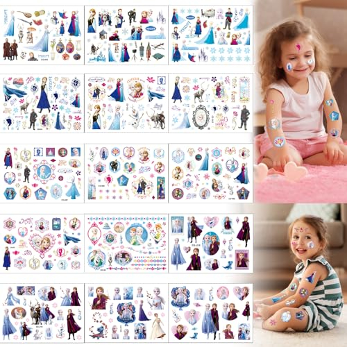 Gxhong Elsa Wasserdichte Tattoos, 15 Blätt Elsa Tattoos Kinder, Frozen Tattoo Aufkleber Kinder, Kindgerechte Designs Elsa Temporäre Tattoos Set, für Eiskönigin Kindergeburtstag Party Mitgebsel
