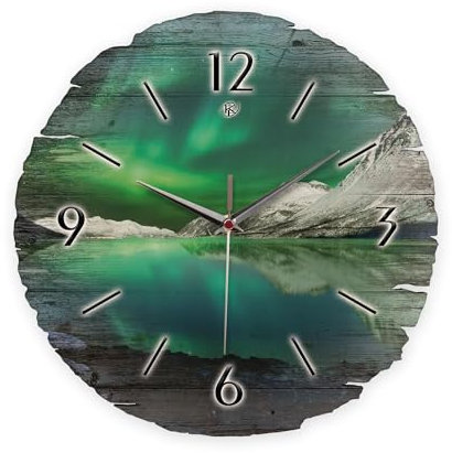 Kreative Feder Runde Wanduhr „Polarlicht“ aus Naturholz mit flüsterleisem Uhrwerk; Durchmesser 30cm (Polarlicht, leises Funkuhrwerk)