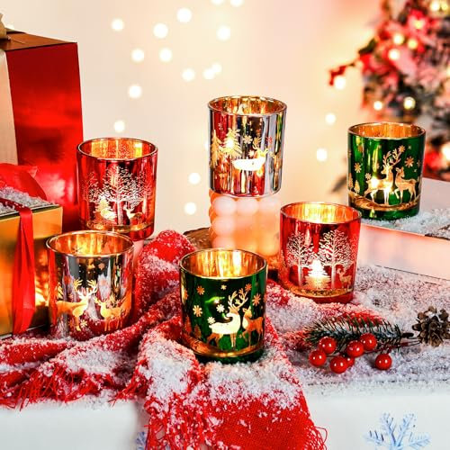 MJ PREMIER Lot de 6 Photophores de Noël - Décoration Intérieure en Verre - Brillant - Pour Table - 7 x 7 x 8 cm