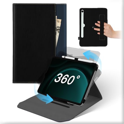 Funda para Samsung Galaxy Tab S9 FE 10,9 Pulgadas/S9 11 Pulgadas/S8/S7, Carcasa Cuero 360°Soporte Giratorio y Desmontable con Portalápices & Bolsillo, Tablet Case Tapa Auto Sueño/Estela Negro Azul