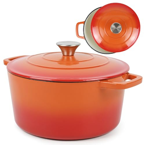 Andrew James Enamel Coated Cast Iron 5L Casserole Dish: No-Seasoning Required with this Elegant and Durable Casserole Dish with lid for oven, Perfect for Gourmet Cooking (Orange)
