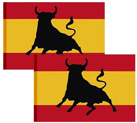 2 x Bandera de España con Toro, 90cm x 150cm, Grande con Trabilla para Mástil y Cordones para Sujetar, Ligera, para Deportes, Fútbol, Manifestaciones