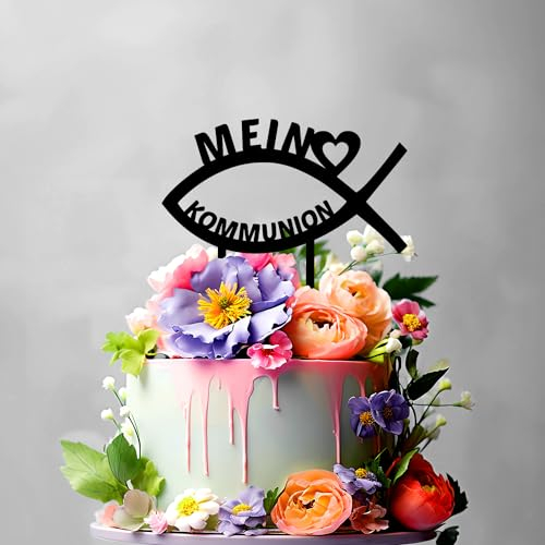 Mein Kommunion Fisch Taufe Konfirmation - Cake Topper - Blumenstecker - Tortenstecker personalisiert in 7 Farbe Aus MDF Holz Tortenaufleger - Tortenfigur, Kuchen Deko - Blumen Deko (#R16)