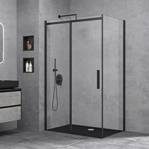 doporro Box Doccia Angolare 90x100x195 cm con Porta Scorrevole e Parete Fissa in Vetro Temperato Trasparente Anticalcare, Profilo Nero Opaco, Piatto Doccia Incluso - Ravenna18k