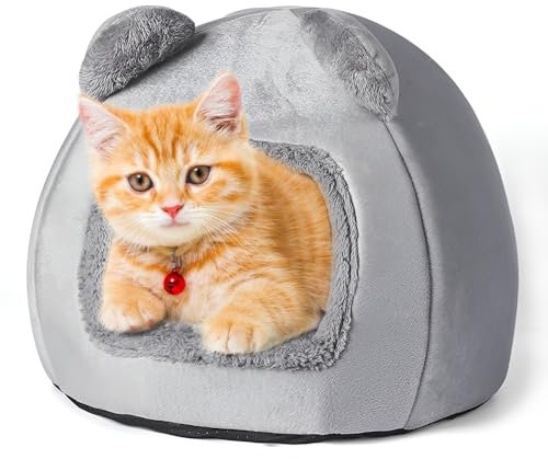 Lotvic Gato Cueva Cama, 40 CM Cama Gato Cueva, Cama para Gatos, Carpa para Gatos de con Protección contra el Frío, con Cojín Interior Extraíble y Lavable, Gris