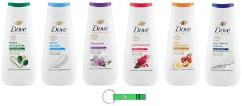 6 confezioni di test Dove Advanced Care Docciaschiuma – Gel doccia, pelle morbida con effetto crema 225 ml + portachiavi Beni Culinari