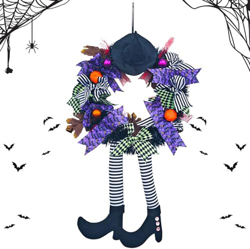 MORAINJAY Halloween Witch Door Wreath Decorations,24x18in Halloween Front Door Hanging Witch Hat Wreath with Witch Legs,Halloween Wreath for Window Fireplace Indoor Outdoor Home Decoration