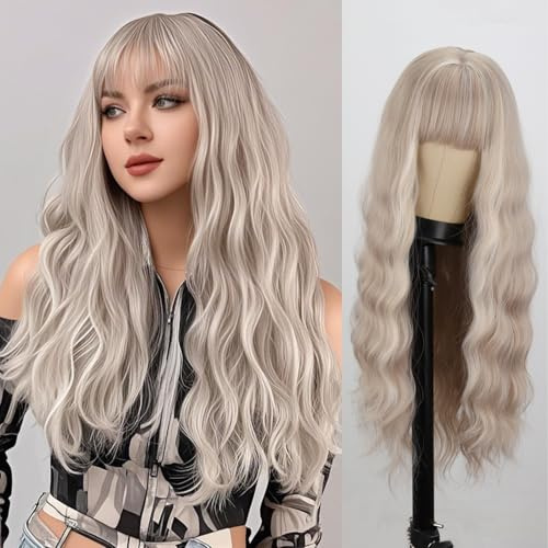 MERISIHAIR Product Description This Long Wavy Ash Blonde Wig with Bangs is Made of High Quality Materials, Fully Heat Resistant Synthetic Fiber, Easy to Wear