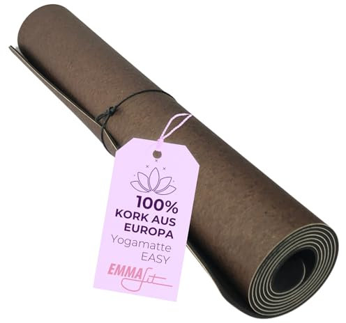 EMMAfit Kork Fitnessmatte 'easy' Nussbaum I 183 x 65cm I rutschfeste Matte mit Naturkorkoberfläche für Yoga, Pilates & Gymnastik I hygienisch & umweltfreundlich I nachhaltige & langlebige Yoga-Matte