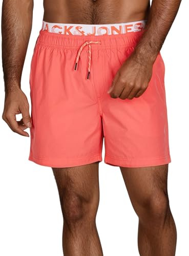 JACK & JONES Badehose Herren lang Badeshorts Doppelter Bund Maui JJSWIM Kurze Hosen Schwimmhose Shorts, Größe:L, Farbe:Hot Coral (12281192)