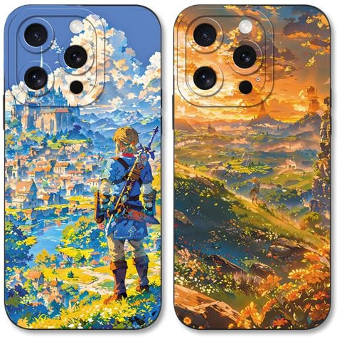 nurkorki 2 Stück Cartoon Anime Handyhülle für iPhone 12 6.1, Cool The Legend of Zelda Muster Design Schutzhülle Weich TPU Silikon Stoßfest Bumper Case, Landscape