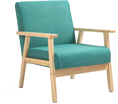 Mingone Poltrona Camera da Letto Poltroncina Salotto Moderna Poltrona Legno Imbottita Sedia con Braccioli con Schienale in Tessuto di Lino per Soggiorno, 64.5x67x73.5cm, Verde