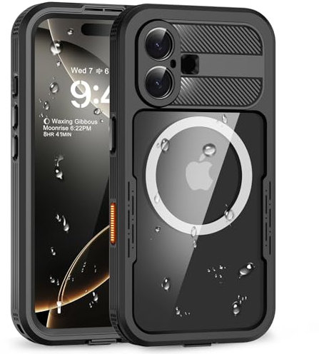 WIFORT for iPhone 16 Plus Waterproof Case, Compatible with Magsafe, Shockproof Dustproof Cover with Built-in Screen/Camera Protector, 360 Full Body Protective Front and Back Cases 6.7-Black