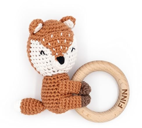 Muckelmeister Greifling personalisiert mit Namen - Holz Beißring Baby gehäkelte Tiere - Babyrassel - Babygeschenke zur Geburt für Mädchen/Jungen - kleine Geschenke für Neugeborene - Fuchs