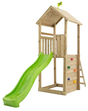 TP Toys Aire de Jeux en Bois Skywood – Tour 270 cm avec Toboggan 2,2 m, Bac à Sable et Échelle – Structure Modulable – Dès 3 Ans – Bois Traité Autoclave – Pour Jardin